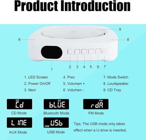 مشغل أقراص مضغوطة محمول مع مكبرات صوت ستيريو مزدوجة، مشغل أقراص مضغوطة بلوتوث لسطح المكتب للمنزل مع شاشة LED يدعم CD/Bluetooth/راديو FM/USB/AUX/مؤقت in Kuwait