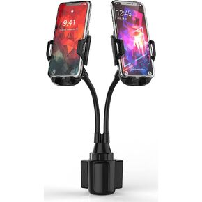 Dual Phone Holder for Car Cup Holder – Long Flexible Neck, 360° Rotatable Car Phone Mount - Adjustable Cell Phone Cup Holder, Universal Size Fits 2 iPhone, Samsung, GPS and More (Cradle)