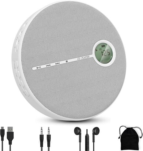 مشغل أقراص مضغوطة محمول قابل لإعادة الشحن مع بلوتوث، مشغل أقراص مضغوطة Walkman مضغوط مضاد للتخطي من ZUNKOM مع سماعات رأس ومكبرات صوت ستيريو مزدوجة للمنزل/السفر، يدعم مدخل CD MP3 USB AUX، 2000 مللي أمبير في الساعة in Saudi Arabia
