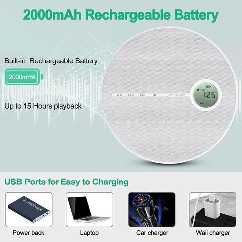 مشغل أقراص مضغوطة محمول قابل لإعادة الشحن مع بلوتوث، مشغل أقراص مضغوطة Walkman مضغوط مضاد للتخطي من ZUNKOM مع سماعات رأس ومكبرات صوت ستيريو مزدوجة للمنزل/السفر، يدعم مدخل CD MP3 USB AUX، 2000 مللي أمبير في الساعة in Saudi Arabia