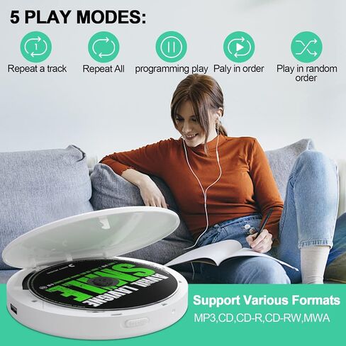 مشغل أقراص مضغوطة محمول قابل لإعادة الشحن مع بلوتوث، مشغل أقراص مضغوطة Walkman مضغوط مضاد للتخطي من ZUNKOM مع سماعات رأس ومكبرات صوت ستيريو مزدوجة للمنزل/السفر، يدعم مدخل CD MP3 USB AUX، 2000 مللي أمبير في الساعة in Saudi Arabia