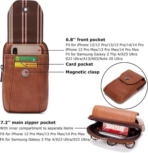 VIIGER Genuine Leather Cell Phone Shoulder Holster with Belt Loop Compatible for iPhone 15 Pro Max 14 Pro Max Galaxy S24 Ultra S23 Ultra, Multi-pocket Crossbody Phone Bag Wallet Purse Belt Clip Pouch in Kuwait