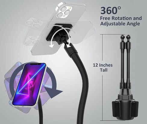 Dual Phone Holder for Car Cup Holder – Long Flexible Neck, 360° Rotatable Car Phone Mount - Adjustable Cell Cup Holder, Universal Size Fits 2 iPhone, Samsung, GPS and More (Cradle) in Kuwait