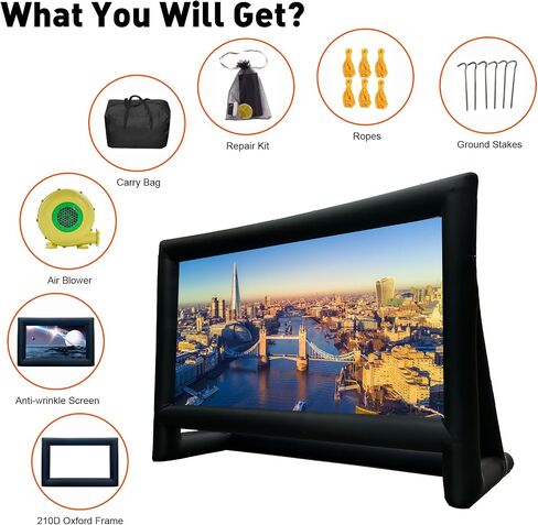 Inflatable Projector Screen, 16FT Blow Up Movie Screen Outdoor Projector, Easy Set Up One-piece Design Front & Rear Projection with Air Blower for Outside Backyard Family Movie Night Pool Party in Kuwait