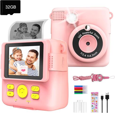 جي كيه تي زد صور طباعة فورية 1080P HD 0 حبر - هدايا عيد الميلاد للبنات والاولاد بعمر 3-8 سنوات - لعبة محمولة للاطفال مع بطاقة 32GB وورق صور واقلام ملونة - بينك in Kuwait