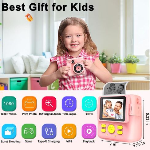 جي كيه تي زد صور طباعة فورية 1080P HD 0 حبر - هدايا عيد الميلاد للبنات والاولاد بعمر 3-8 سنوات - لعبة محمولة للاطفال مع بطاقة 32GB وورق صور واقلام ملونة - بينك in Kuwait