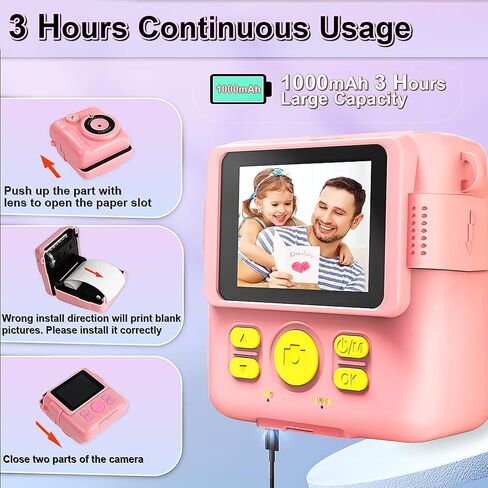 جي كيه تي زد صور طباعة فورية 1080P HD 0 حبر - هدايا عيد الميلاد للبنات والاولاد بعمر 3-8 سنوات - لعبة محمولة للاطفال مع بطاقة 32GB وورق صور واقلام ملونة - بينك in Kuwait