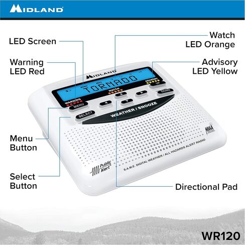 Midland - WR120, NOAA Emergency Weather Alert Radio - S.A.M.E. Localized Programming, Trilingual Display, 60+ Emergency Alerts, & Alarm Clock (WR120C - Clam Packaging) in Kuwait