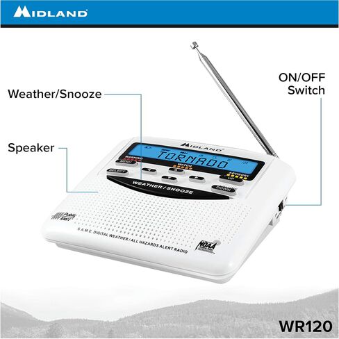 Midland - WR120, NOAA Emergency Weather Alert Radio - S.A.M.E. Localized Programming, Trilingual Display, 60+ Emergency Alerts, & Alarm Clock (WR120C - Clam Packaging) in Kuwait