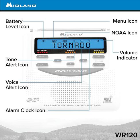 Midland - WR120, NOAA Emergency Weather Alert Radio - S.A.M.E. Localized Programming, Trilingual Display, 60+ Emergency Alerts, & Alarm Clock (WR120C - Clam Packaging) in Kuwait