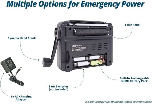 C. Crane CC Solar Observer Wind Up Solar Crank Radio مع AM وFM وNOAA للطقس، ومصباح LED مدمج، وشاحن الهاتف المحمول ومحول التيار المتردد in Kuwait
