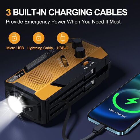 Hand Crank Emergency Radio 7400mWh (2000mAh) Solar Hand Crank Radio Built in 3 Charging Cables AM/FM/NOAA Weather Radio Battery Operated Hand Crank Charger for Emergency Supplies Survival Gear in Saudi Arabia