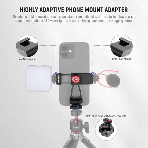 NEEWER Metal Phone Tripod Mount Adapter with Cold Shoe Base, 360° Phone Holder with 2 Cold Shoe Mount for Video Light and Mic for Vlogging, Universal Compatible with iPhone Samsung Huawei, PA001 in Kuwait
