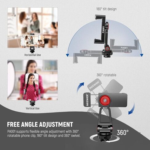 NEEWER Metal Phone Tripod Mount Adapter with Cold Shoe Base, 360° Phone Holder with 2 Cold Shoe Mount for Video Light and Mic for Vlogging, Universal Compatible with iPhone Samsung Huawei, PA001 in Kuwait