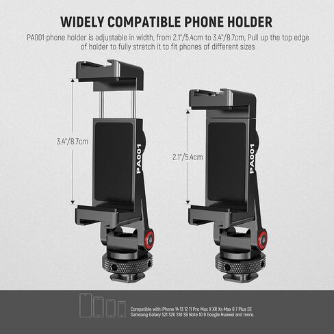 NEEWER Metal Phone Tripod Mount Adapter with Cold Shoe Base, 360° Phone Holder with 2 Cold Shoe Mount for Video Light and Mic for Vlogging, Universal Compatible with iPhone Samsung Huawei, PA001 in Kuwait