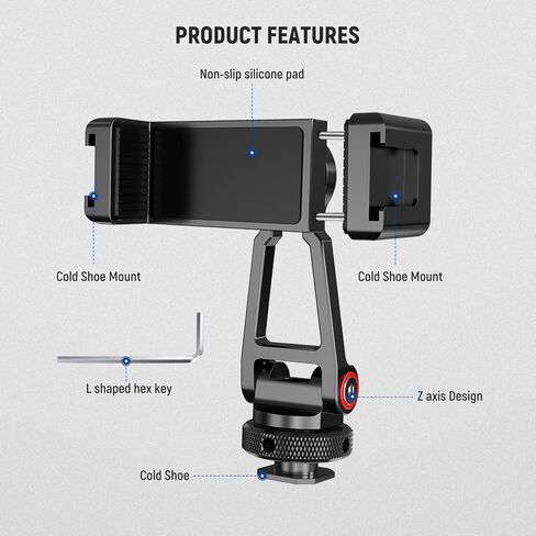 NEEWER Metal Phone Tripod Mount Adapter with Cold Shoe Base, 360° Phone Holder with 2 Cold Shoe Mount for Video Light and Mic for Vlogging, Universal Compatible with iPhone Samsung Huawei, PA001 in Kuwait