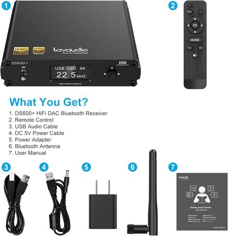 جهاز استقبال Lavaudio HiFi Bluetooth 5.0 للستيريو المنزلي LDAC محول بلوتوث aptX HD، DAC لعشاق الصوت USB/البصرية/المدخلات المحورية ومخرج RCA لجهاز استقبال/مكبر الصوت AV، جهاز التحكم عن بعد-DS600+ in Kuwait