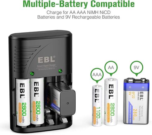 بطاريات EBL AAA القابلة لإعادة الشحن 1100 مللي أمبير في الساعة 4 عبوات وشاحن بطاريات ذكي مع قابس حائط تيار متردد لبطاريات AA AAA 9V Ni-MH Ni-CD القابلة لإعادة الشحن in Kuwait