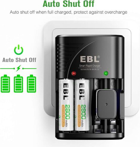 بطاريات EBL AAA القابلة لإعادة الشحن 1100 مللي أمبير في الساعة 4 عبوات وشاحن بطاريات ذكي مع قابس حائط تيار متردد لبطاريات AA AAA 9V Ni-MH Ni-CD القابلة لإعادة الشحن in Kuwait