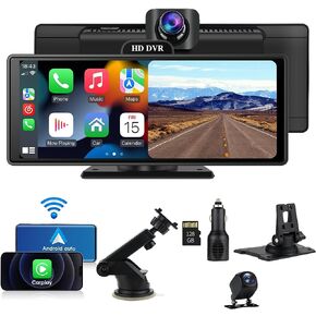 Dash Car DVR مع كاميرا أمامية 4K Dashcam 1080P، كاميرا احتياطية مزدوجة القناة، بطاقة 128 جيجابايت، شاشة 9.3 بوصة عالية الدقة مع Carplay لاسلكي Android Auto Bluetooth AUX/FM Transmitter، التحكم الصوتي، GPS Navi