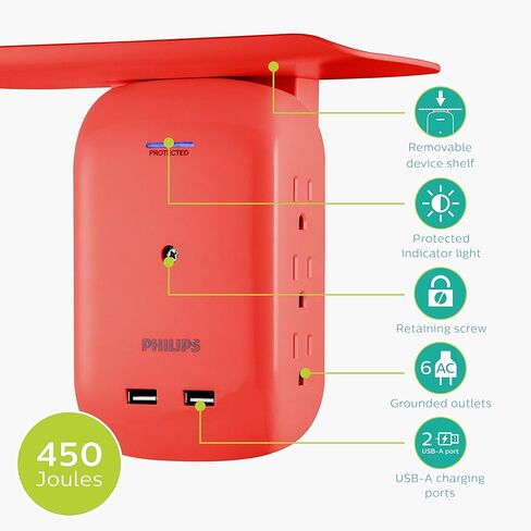 فيليبس 6 منافذ موسع 2 USB، محول وصول جانبي، صنبور حائط، رف شحن جهاز قابل للإزالة، محطة شحن، ضوء مؤشر محمي، 450J، 2.4 أمبير، 12 وات، أبيض، SPS6024WA/37 in Kuwait