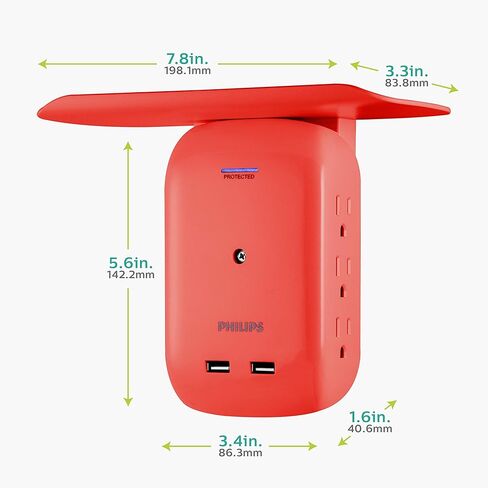 فيليبس 6 منافذ موسع 2 USB، محول وصول جانبي، صنبور حائط، رف شحن جهاز قابل للإزالة، محطة شحن، ضوء مؤشر محمي، 450J، 2.4 أمبير، 12 وات، أبيض، SPS6024WA/37 in Kuwait