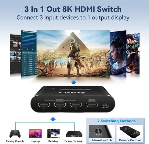 محول HDMI 8K 120Hz 4K 120Hz HDMI سويتش 3 في 1 مع جهاز تحكم عن بعد PS5 HDMI مقسم 4K 120Hz اتش دي ام اي محدد HDMI 2.1 صناديق اختيار الصوت والفيديو 48G HDR 10+ دولبي اتموس in Saudi Arabia