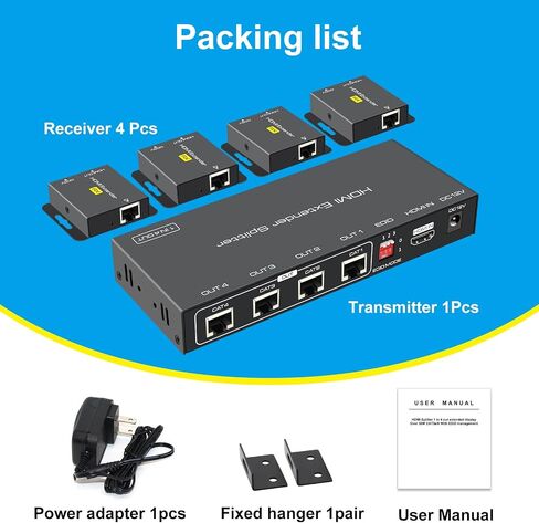 VPFET HDMI Extender Splitter 1 in 2 Out Over Cat5e or 6 Ethernet Adapter Up to 165FT HD1080P60Hz with Loop Support EDID Copy Settings HDCP in Kuwait