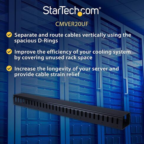 قناة StarTech.com بطول 3 أقدام (1 متر) لإدارة الكابلات العمودية مع غطاء - مجرى سلك قناة إصبع بفتحة 0U لرف الخادم مقاس 19 بوصة - قناة سلك مشقوقة (CMVER20UF) in Saudi Arabia