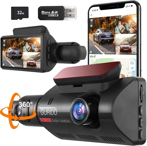 GURIDO 360° Dash Cam, 2 Channel Dash Cam with 32G SD Card, 1440P Car Dash Camera Front and Inside, 1440P +1080P Dashcam Front Rear and Cabin, 3" LCD Super IR Night Vision, Loop Recording in Saudi Arabia