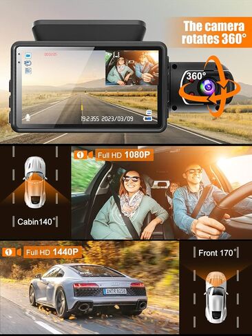 GURIDO 360° Dash Cam, 2 Channel Dash Cam with 32G SD Card, 1440P Car Dash Camera Front and Inside, 1440P +1080P Dashcam Front Rear and Cabin, 3" LCD Super IR Night Vision, Loop Recording in Saudi Arabia