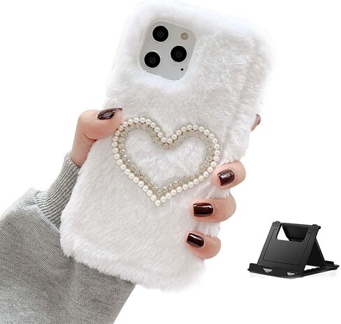Plush Case Compatible with Samsung Galaxy A02S Fluffy Furry Case Cover,Faux Rabbit Bunny Fur Warm Winter Soft Silicone with Diamond Pearls 3D Handmade Phone Case,Black in Kuwait