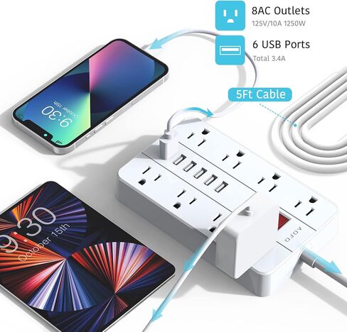 سلك تمديد بطول 10 أقدام، قطاع طاقة طويل، AOFO 8 منافذ متباعدة على نطاق واسع و6 منافذ USB شريط طاقة مسطح، سلك طاقة للتركيب على الحائط وسطح المكتب باللون الأسود in Kuwait