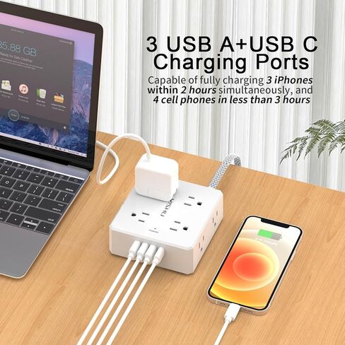 قطاع طاقة سلك تمديد مسطح - سلك طاقة مضفر رفيع للغاية بطول 6 أقدام من YISHU مع 8 موسعات منافذ و4 منافذ USB للسفر والسفن السياحية وأساسيات غرفة النوم in Kuwait