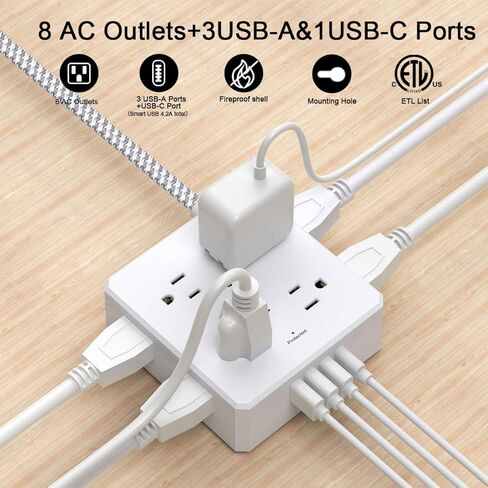 قطاع طاقة سلك تمديد مسطح - سلك طاقة مضفر رفيع للغاية بطول 6 أقدام من YISHU مع 8 موسعات منافذ و4 منافذ USB للسفر والسفن السياحية وأساسيات غرفة النوم in Kuwait