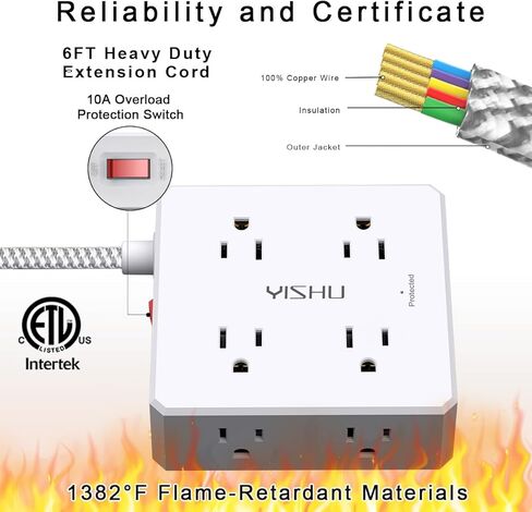 قطاع طاقة سلك تمديد مسطح - سلك طاقة مضفر رفيع للغاية بطول 6 أقدام من YISHU مع 8 موسعات منافذ و4 منافذ USB للسفر والسفن السياحية وأساسيات غرفة النوم in Kuwait