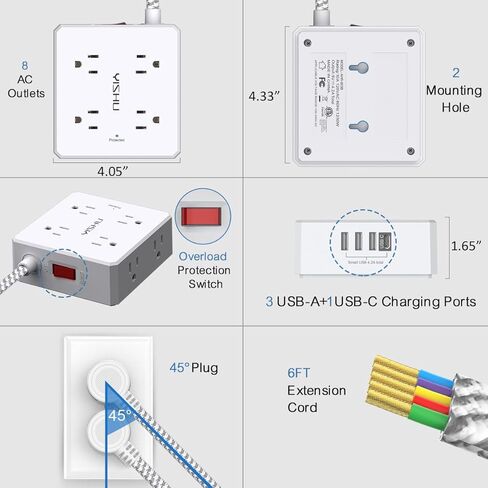 قطاع طاقة سلك تمديد مسطح - سلك طاقة مضفر رفيع للغاية بطول 6 أقدام من YISHU مع 8 موسعات منافذ و4 منافذ USB للسفر والسفن السياحية وأساسيات غرفة النوم in Kuwait