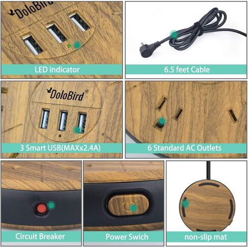 Power Strip Surge Protector 6 AC outlets with 3 USB Ports Charging Station Long Extension Cord Right Angle Flat Plug Widely Spaced Multi Outlets Circuit Breaker Safeguard for Home,Office, Dorm Room in Kuwait