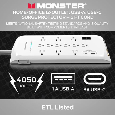 شريط طاقة أسود بطول 6 أقدام وواقي من ارتفاع البرج، حماية شديدة التحمل مع تصنيف 4050 جول، 12 منفذ 120 فولت، 1 USB-A، و1 منفذ USB-C - مثالي لأجهزة الكمبيوتر والمسرح المنزلي والأجهزة المنزلية in Kuwait