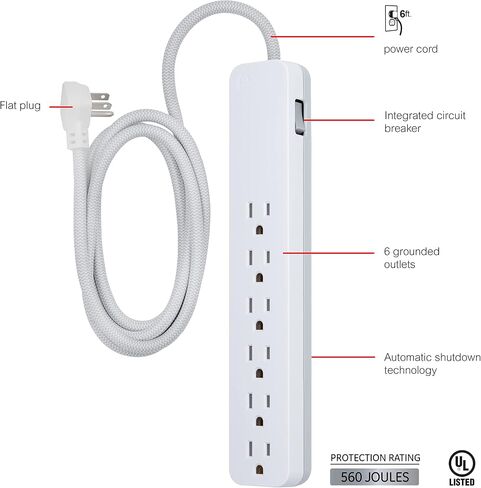 GE UltraPro 6-Outlet Surge Protector, 2 Ft Designer Braided Extension Cord, 560 Joules, Flat Plug, Wall Mount, UL Listed, Black, 45266 in Saudi Arabia
