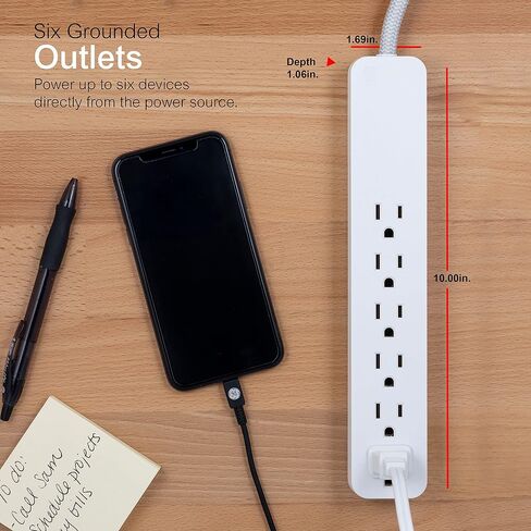 GE UltraPro 6-Outlet Surge Protector, 2 Ft Designer Braided Extension Cord, 560 Joules, Flat Plug, Wall Mount, UL Listed, Black, 45266 in Saudi Arabia