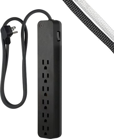 GE UltraPro 6-Outlet Surge Protector, 2 Ft Designer Braided Extension Cord, 560 Joules, Flat Plug, Wall Mount, UL Listed, Black, 45266 in Saudi Arabia
