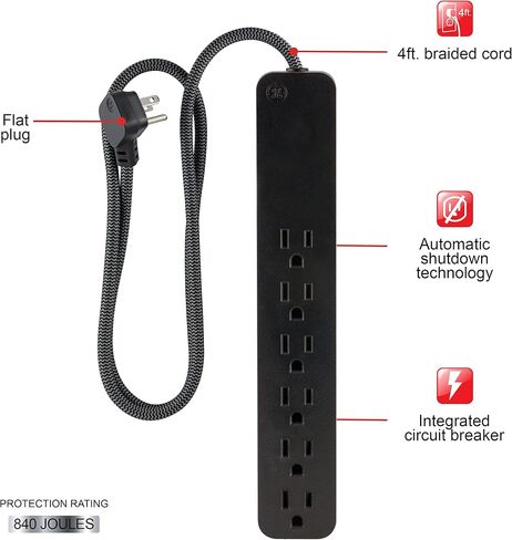 GE UltraPro 6-Outlet Surge Protector, 2 Ft Designer Braided Extension Cord, 560 Joules, Flat Plug, Wall Mount, UL Listed, Black, 45266 in Saudi Arabia