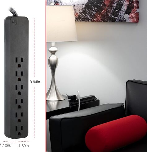 GE UltraPro 6-Outlet Surge Protector, 2 Ft Designer Braided Extension Cord, 560 Joules, Flat Plug, Wall Mount, UL Listed, Black, 45266 in Saudi Arabia