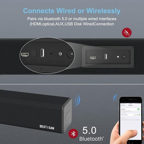 شريط صوت BESTISAN مع بلوتوث 5.0 وتوصيلات سلكية أشرطة صوت منزلية للتلفزيون (50 وات، 3 أوضاع صوت، تحكم باللمس، منفذ فرعي، صوت جهير قابل للتعديل، قابل للتركيب، إصدار 2023) in Kuwait