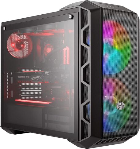 Cooler Master MasterCase H500M ARGB Airflow ATX Mid-Tower مع مجموعة ألواح زجاجية مقواة رباعية مع لوحة مفاتيح ميكانيكية للألعاب (فضية)، ولوحة ماوس للألعاب، ومروحة SF120P ARGB (زوج) (5 عناصر) in Kuwait