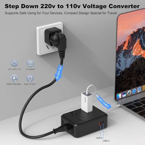 محول جهد كهربي 220 فولت إلى 110 فولت محول 2000 وات 2 تيار متردد + 1 نوع C + 1 USB-C محول تنحي محول طاقة كومبو مع 5 مقابس محول السفر من الولايات المتحدة إلى أوروبا وأستراليا وآسيا أكثر من 150 دولة in Kuwait