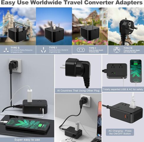 محول جهد كهربي 220 فولت إلى 110 فولت محول 2000 وات 2 تيار متردد + 1 نوع C + 1 USB-C محول تنحي محول طاقة كومبو مع 5 مقابس محول السفر من الولايات المتحدة إلى أوروبا وأستراليا وآسيا أكثر من 150 دولة in Kuwait