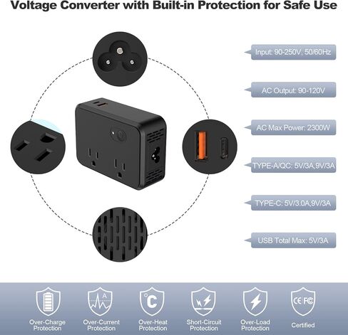 محول جهد كهربي 220 فولت إلى 110 فولت محول 2000 وات 2 تيار متردد + 1 نوع C + 1 USB-C محول تنحي محول طاقة كومبو مع 5 مقابس محول السفر من الولايات المتحدة إلى أوروبا وأستراليا وآسيا أكثر من 150 دولة in Kuwait