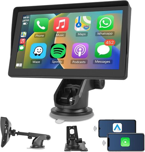 حامل لوحة قيادة ستيريو محمول من Apple Car Play، شاشة Carplay لاسلكية لتوصيل السيارة مع Android Auto، podofo 7 بوصة IPS تعمل باللمس، جهاز استقبال صوت السيارة، بلوتوث GPS للملاحة AUX، كابل USB/TF مدخل فيديو in Saudi Arabia